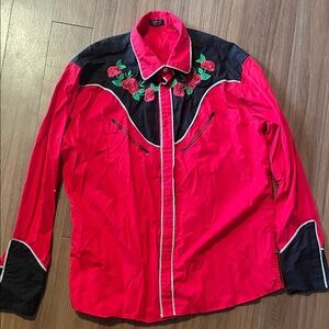 COOF ANDY Red Western Shirt with Rose Embroidery
